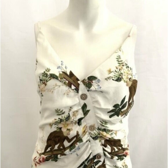 Farm Rio Dress L Ivory Floral Exotic Monkey Print Mini Brazil Tropical - Picture 4 of 12